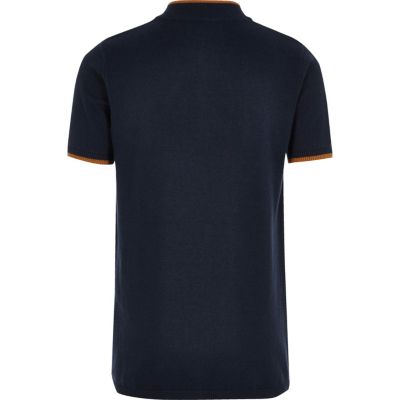 Boys navy knit colour block polo shirt